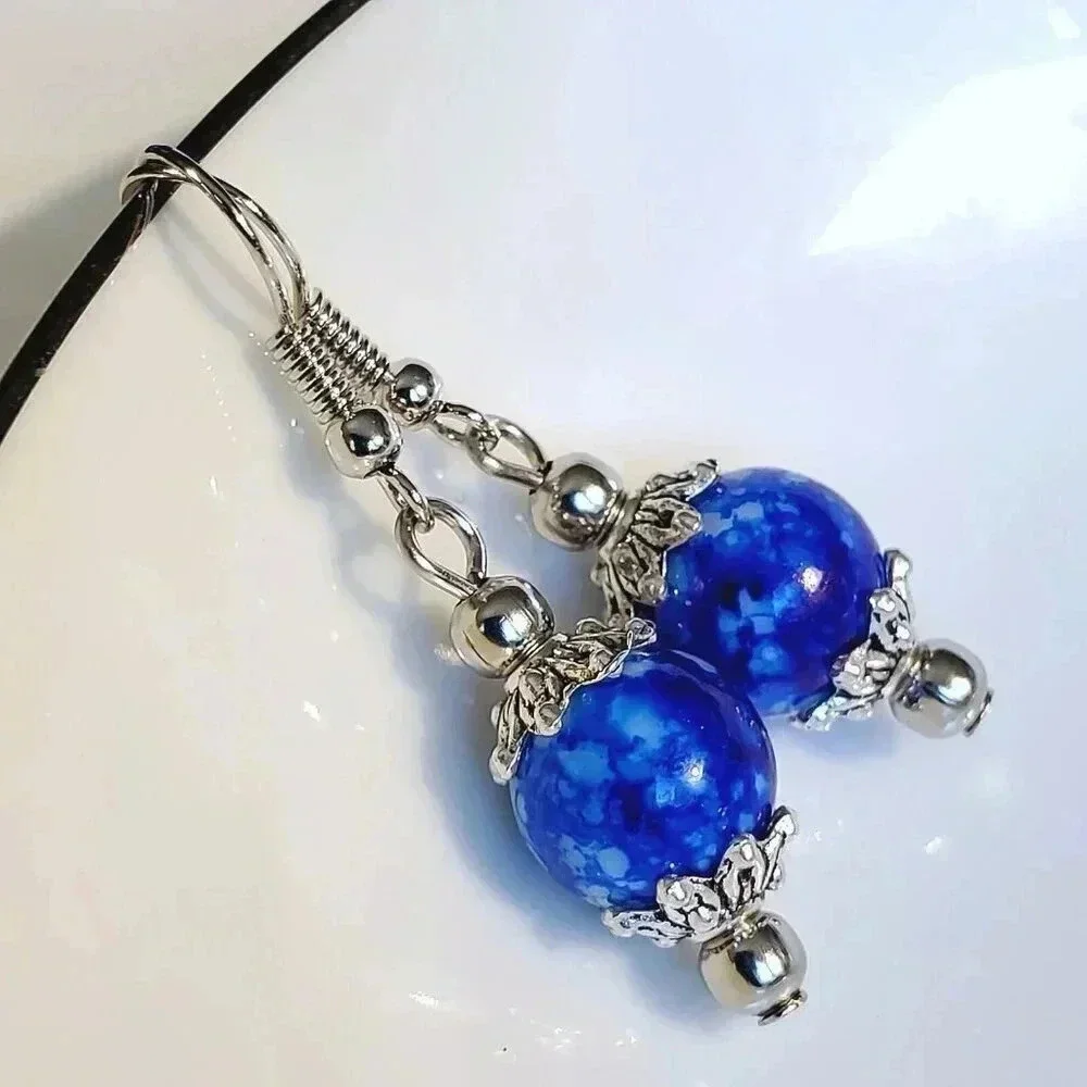 Art Nouveau Mottled Cobalt Blue White Glass Beads Antiqued Silver Earrings